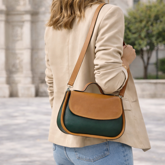 Geantă de damă AURÉLIA | Forest Green & Chestnut | Piele naturală premium | Realizată manual în România