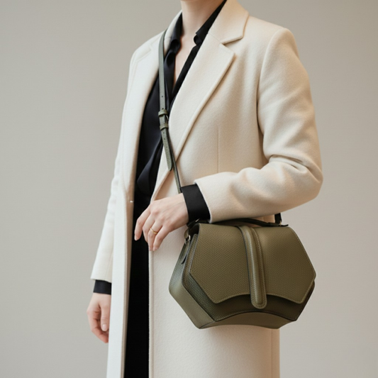 Geantă de Damă SOPHIA Olive – Piele Naturală Premium | Design Geometric, Realizată Manual